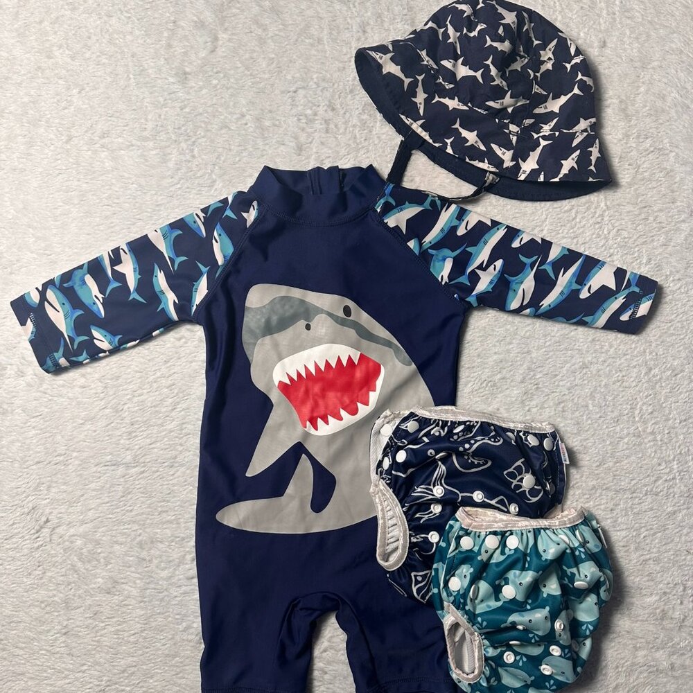 Toddler Boy Shark Swim Bundle | 3T | Rash Guard Suit + Reusable Swim Diapers
